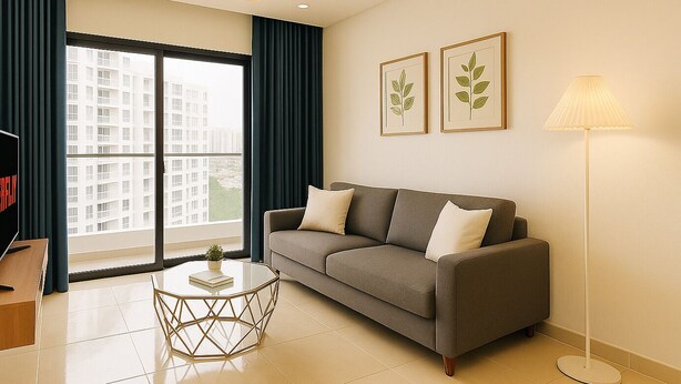 A modern living room with a grey sofa, a glass coffee table, and a floor lamp.