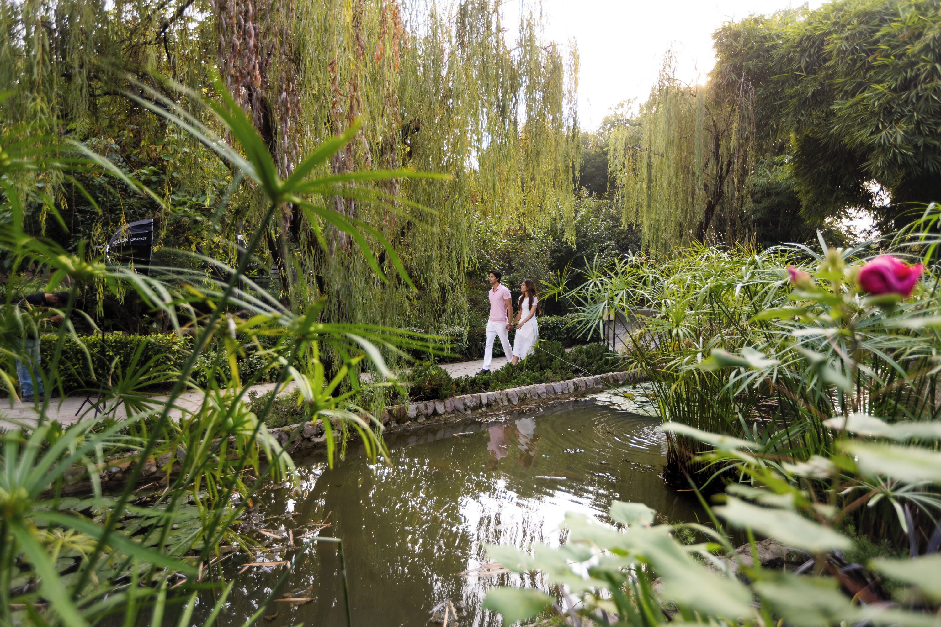 Ein friedlicher Garten mit Teich, üppigem Grün und einem Paar am Wasser.
