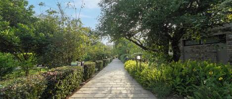 A paved pathway flanked by lush greenery and a brick wall.