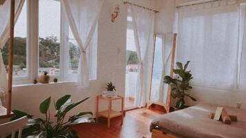 Desk, laptop workspace, blackout curtains, free WiFi