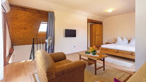 Un dormitorio con cama, sofá, televisión y techo de madera.