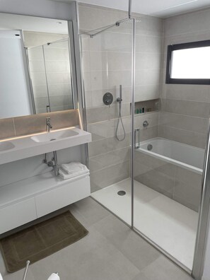 Shower, hair dryer, towels