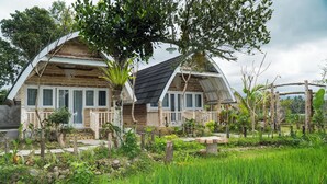 A rustic wooden house with a porch, surrounded by lush greenery and a rice field. - Aranka Tempasan (Pringgasela)
