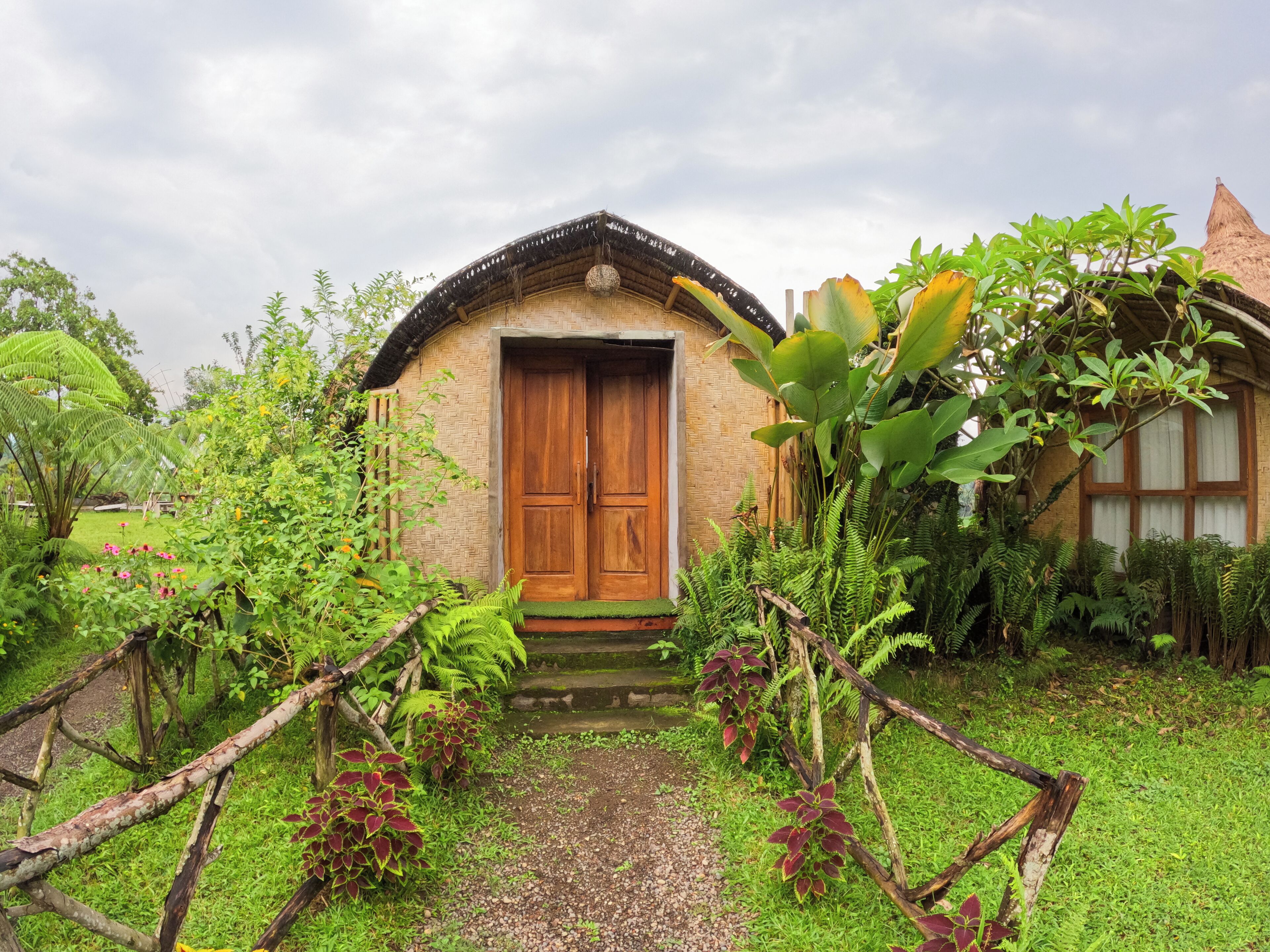 A rustic wooden house with a thatched roof, surrounded by lush greenery and a small garden path.