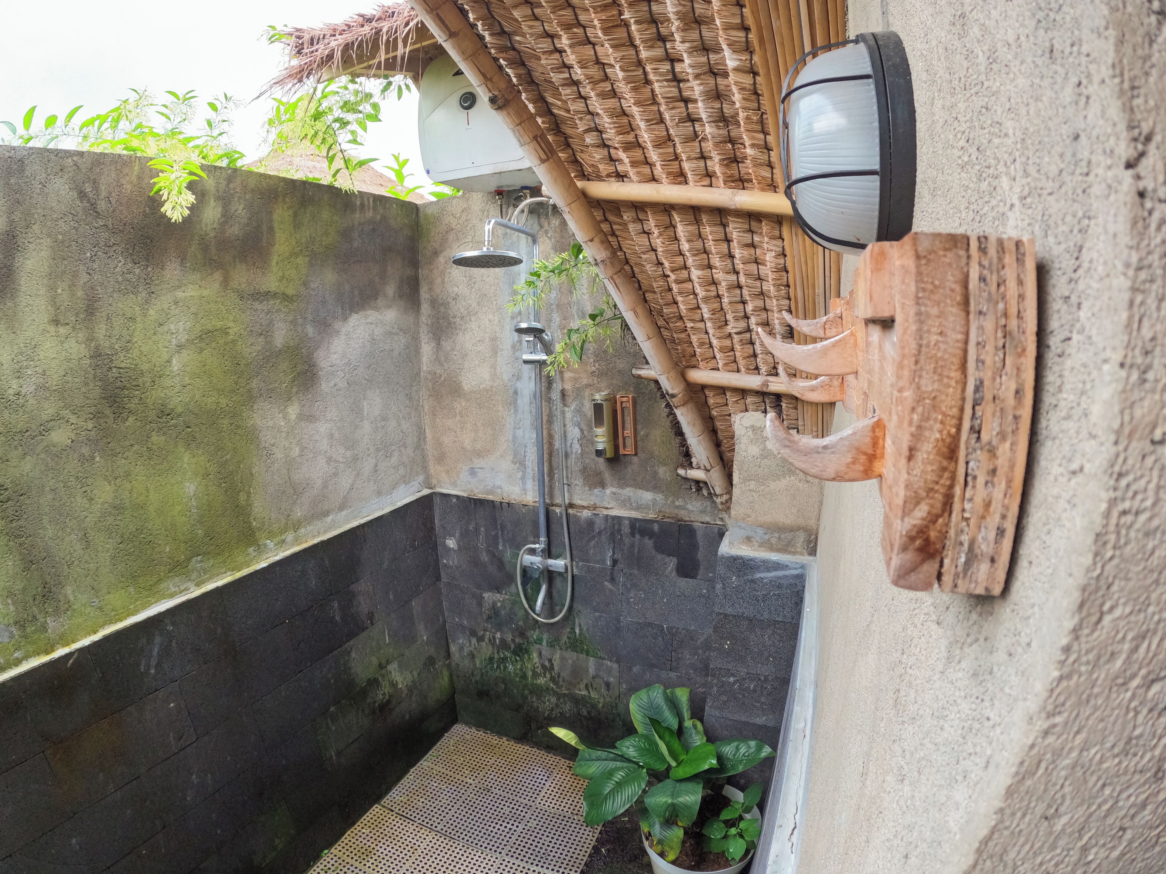 A small, enclosed shower area with a bamboo ceiling, a wall-mounted light fixture, and a potted plant.