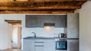 A modern kitchen with grey cabinets, a stainless steel sink, a built-in oven, and a wooden ceiling. - Gentile by Interhome (Gravedona)