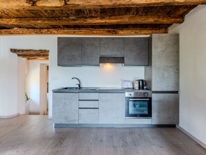 Fridge, microwave, oven, cookware/dishes/utensils