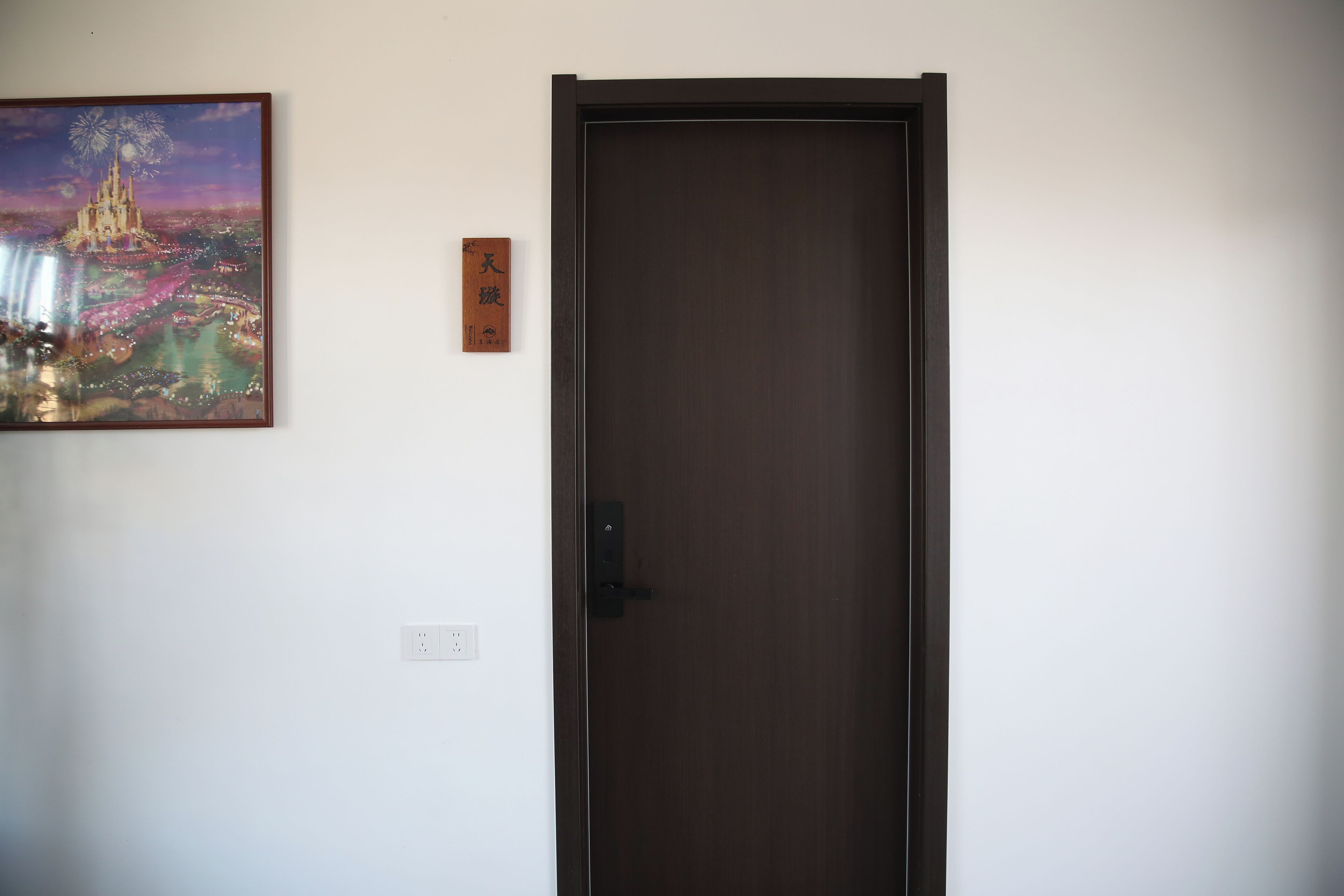 Una puerta cerrada con un pequeño cartel encima y un cuadro enmarcado en la pared a la izquierda.