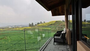 A balcony with a view of terraced fields and a modern building structure. - Miss or Dismiss (Chongqing)