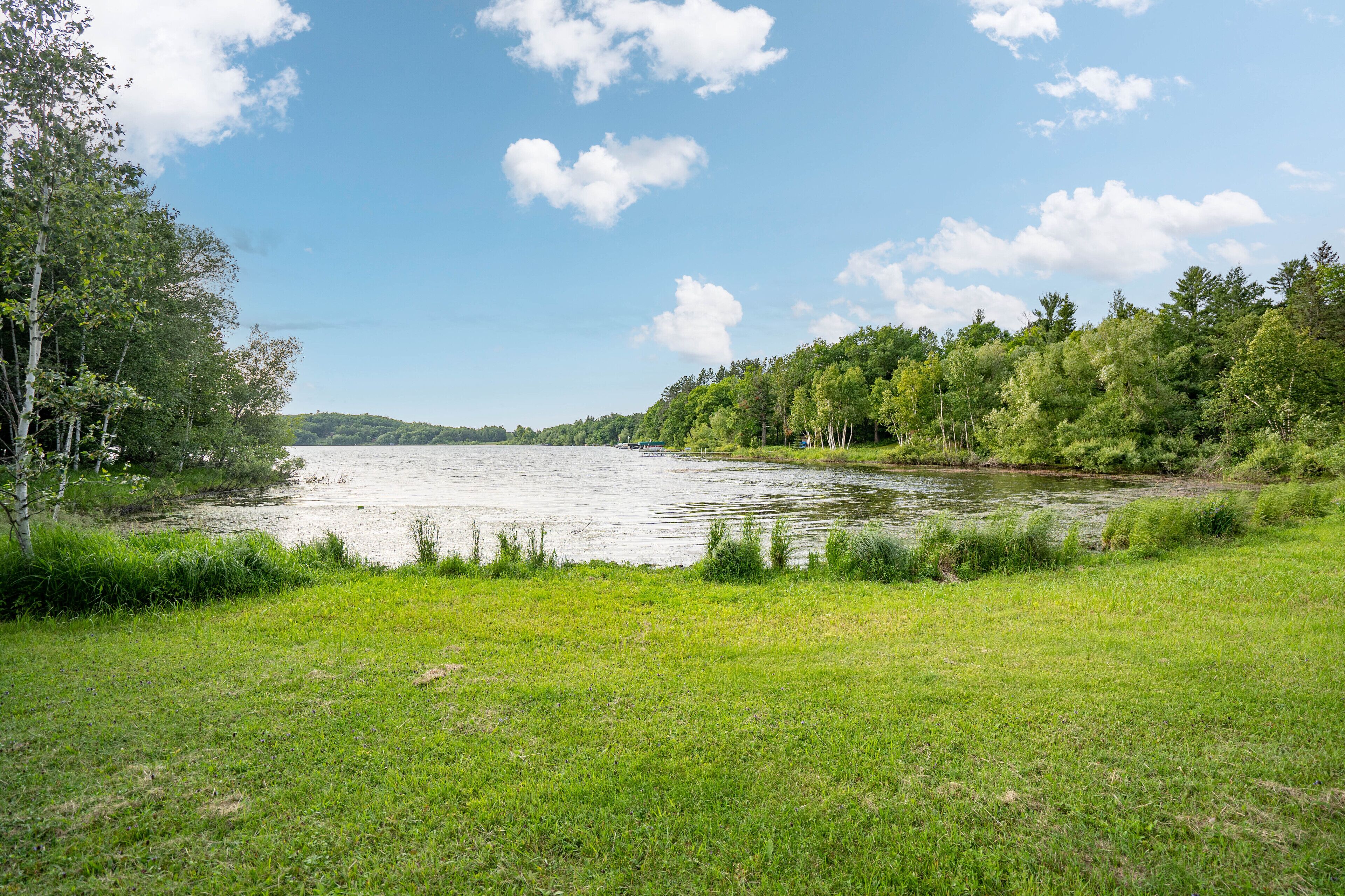 A serene lakeside view with a grassy foreground and dense trees in the background.