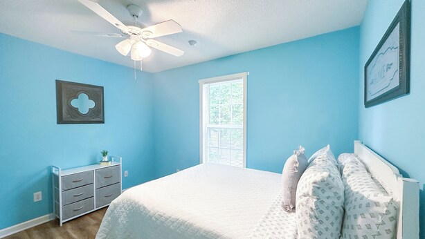A bedroom with a bed, a nightstand, a ceiling fan, a window, and a wall-mounted picture frame. - Cozy + Connected • Central, office space with fast wifi, family and pet friendly (Greensboro)