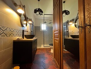 Shower, hair dryer, towels
