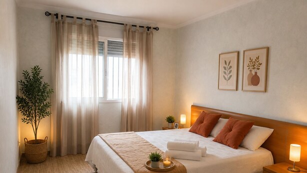 Un dormitorio ordenado con cama, mesitas de noche, una planta en maceta y una ventana con cortinas.