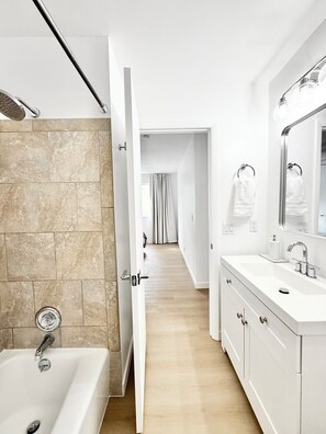 Hair dryer, towels, soap, toilet paper