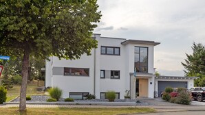 Una casa moderna de dos pisos con garaje, entrada para coches y un árbol en primer plano.