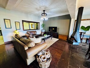 Smart TV, fireplace, books, stereo