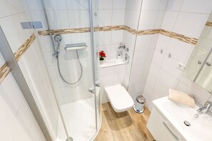 Shower, hair dryer, towels