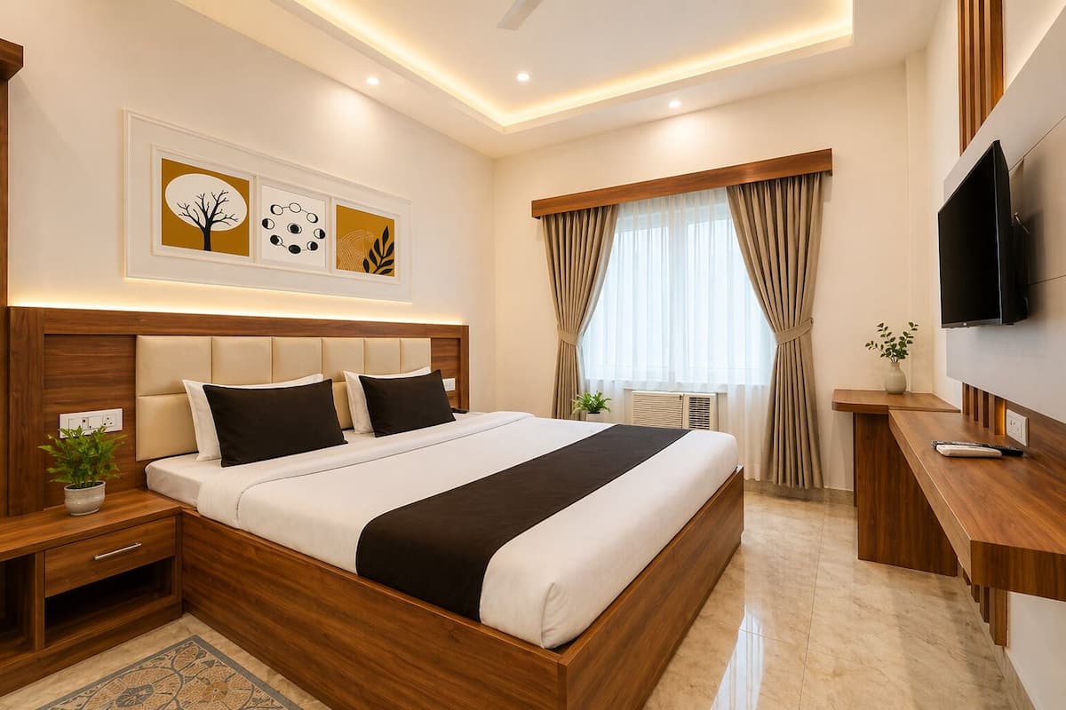 A modern hotel room with a large bed, bedside tables, a TV, and artwork on the wall.