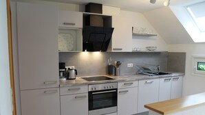 A modern kitchen with a built-in oven, a sink, and a window above the countertop. - Apartment '5' with Lake View, Shared Terrace and Wi-Fi (Lindau am Bodensee)