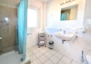Shower, hair dryer, towels
