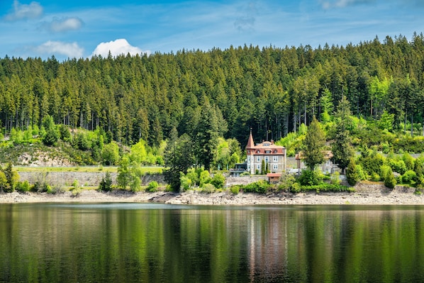 A lakeside property with a large house featuring multiple windows and a red roof, surrounded by dense forest and a calm lake.