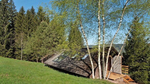 A rustic wooden cabin with a sloped roof, surrounded by dense forest. - Studio 'Bergwiese' with Mountain View, Private Terrace and Private Garden (Lauterbach)