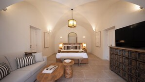 Un dormitorio con cama, mesitas de noche, televisor, sofá y mesa de centro.