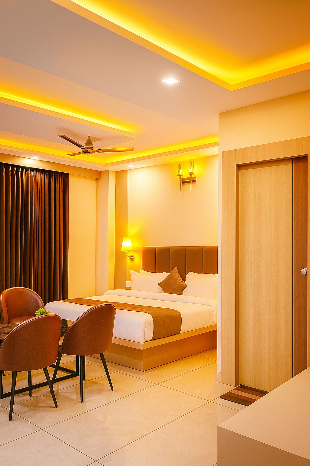 A hotel room with a bed, a desk, chairs, a ceiling fan, and a door.