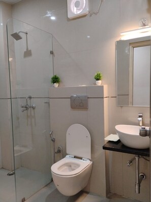 Douche, serviettes fournies, savon, shampoing