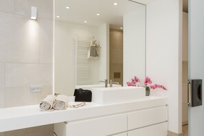 Shower, hair dryer, towels