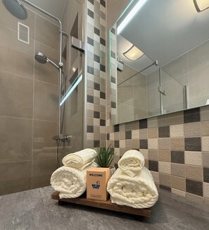 Hair dryer, towels, soap, toilet paper