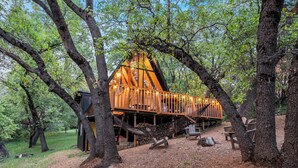 Une cabane en bois avec un toit en pente, entourée d’arbres, et un hamac au premier plan.