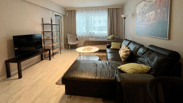 A modern living room with a leather sofa, a TV, a bookshelf, and a painting on the wall. - Kotimaailma KotikolmioOikokatu (Lahti)