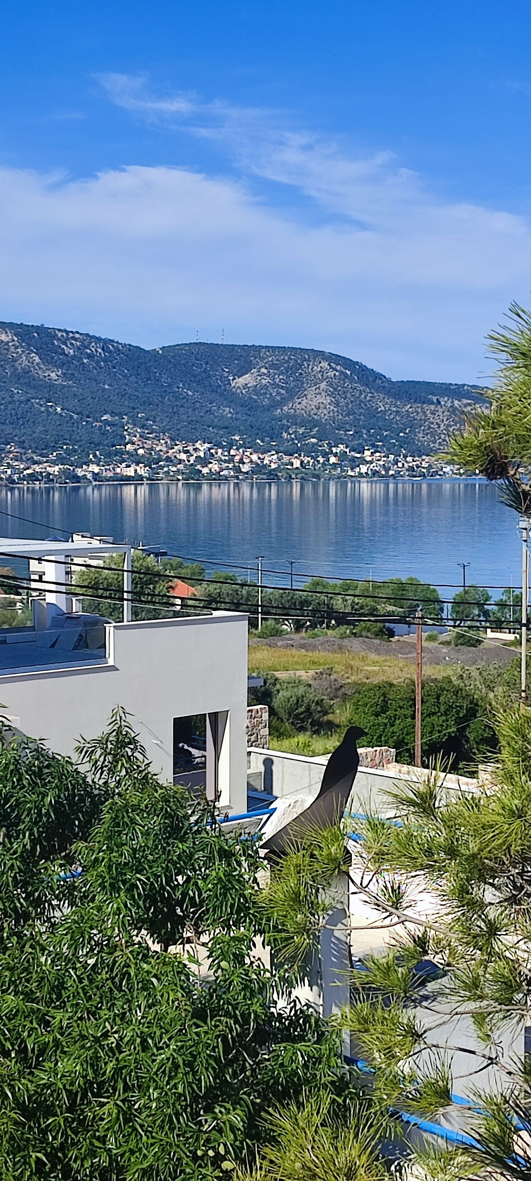 Un edificio moderno con techo plano, rodeado de vegetación y con vista a una masa de agua, un pueblo lejano y colinas.