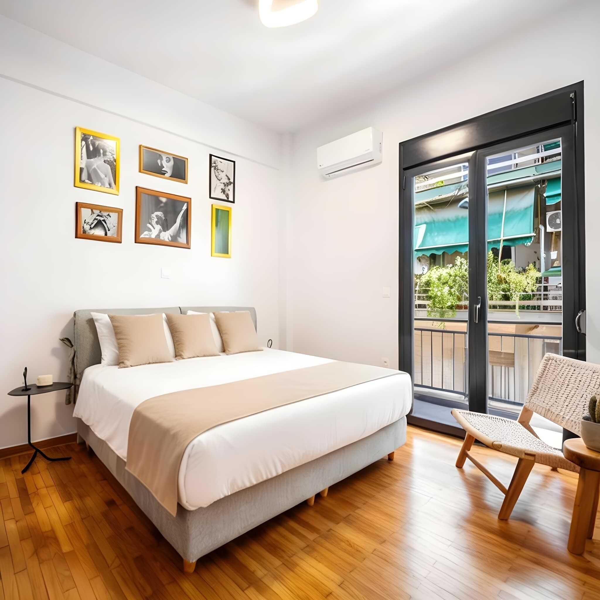 A modern bedroom with a large bed, a small table, and a chair. There are several framed pictures on the wall.