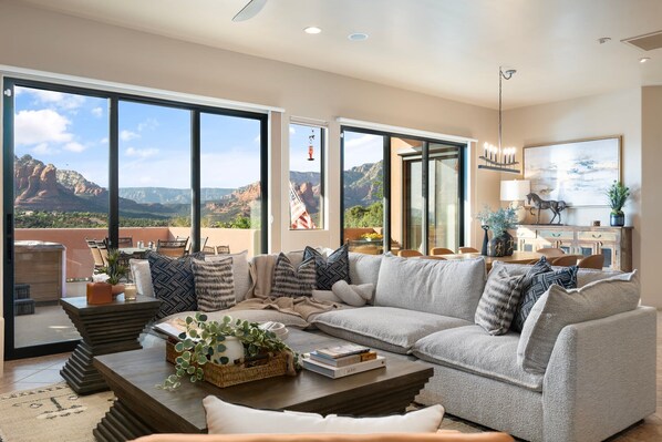 TV, fireplace, books, stereo