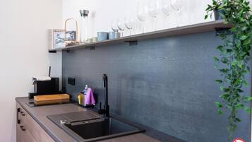 Fridge, microwave, stovetop, coffee/tea maker