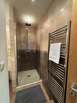 Shower, hair dryer, towels, soap