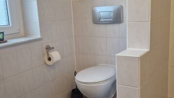 Shower, hair dryer, towels, toilet paper