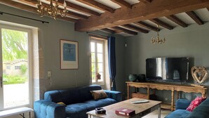 A living room with a blue sofa, a wooden coffee table, a television, and a chandelier. - 19th century manor house "la belle vie" 14/15 persons 5 min from Beaune (Tailly)