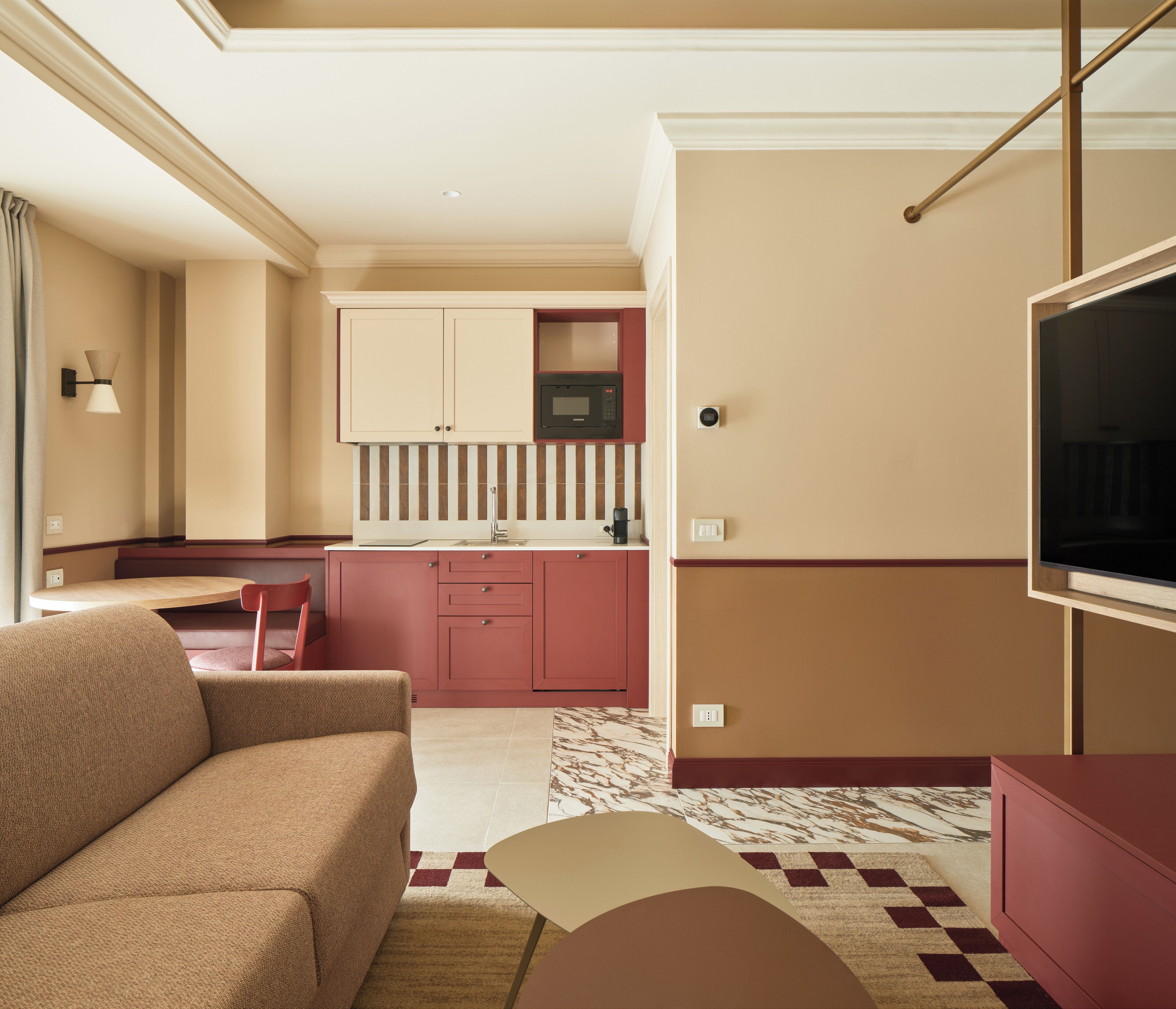 Desk, laptop workspace, blackout curtains, iron/ironing board