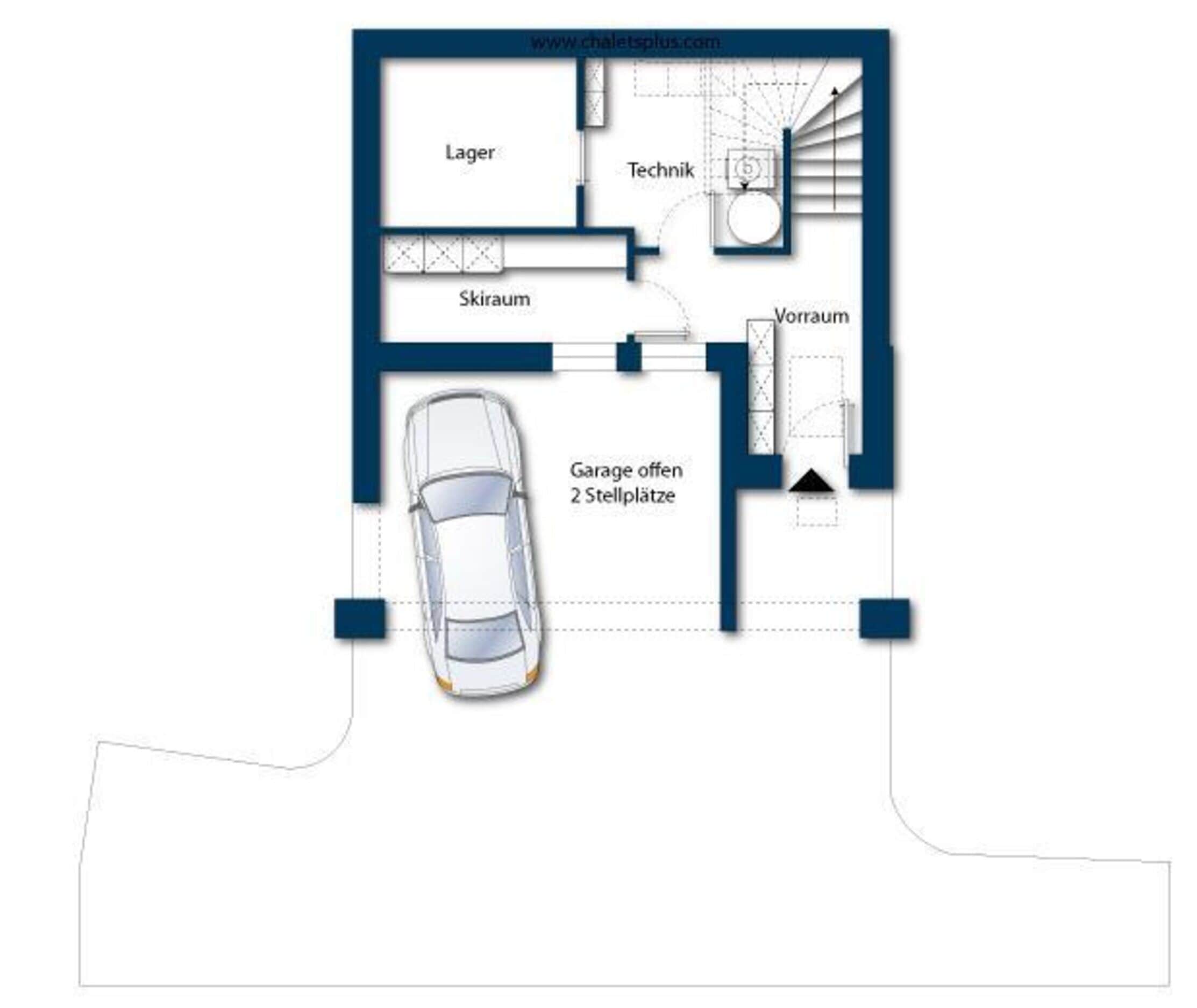 A floor plan with a living room, kitchen, dining area, two bedrooms, a bathroom, and a garage with two parking spaces.