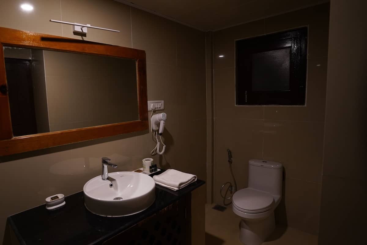 A bathroom with a sink, mirror, hairdryer, and toilet.