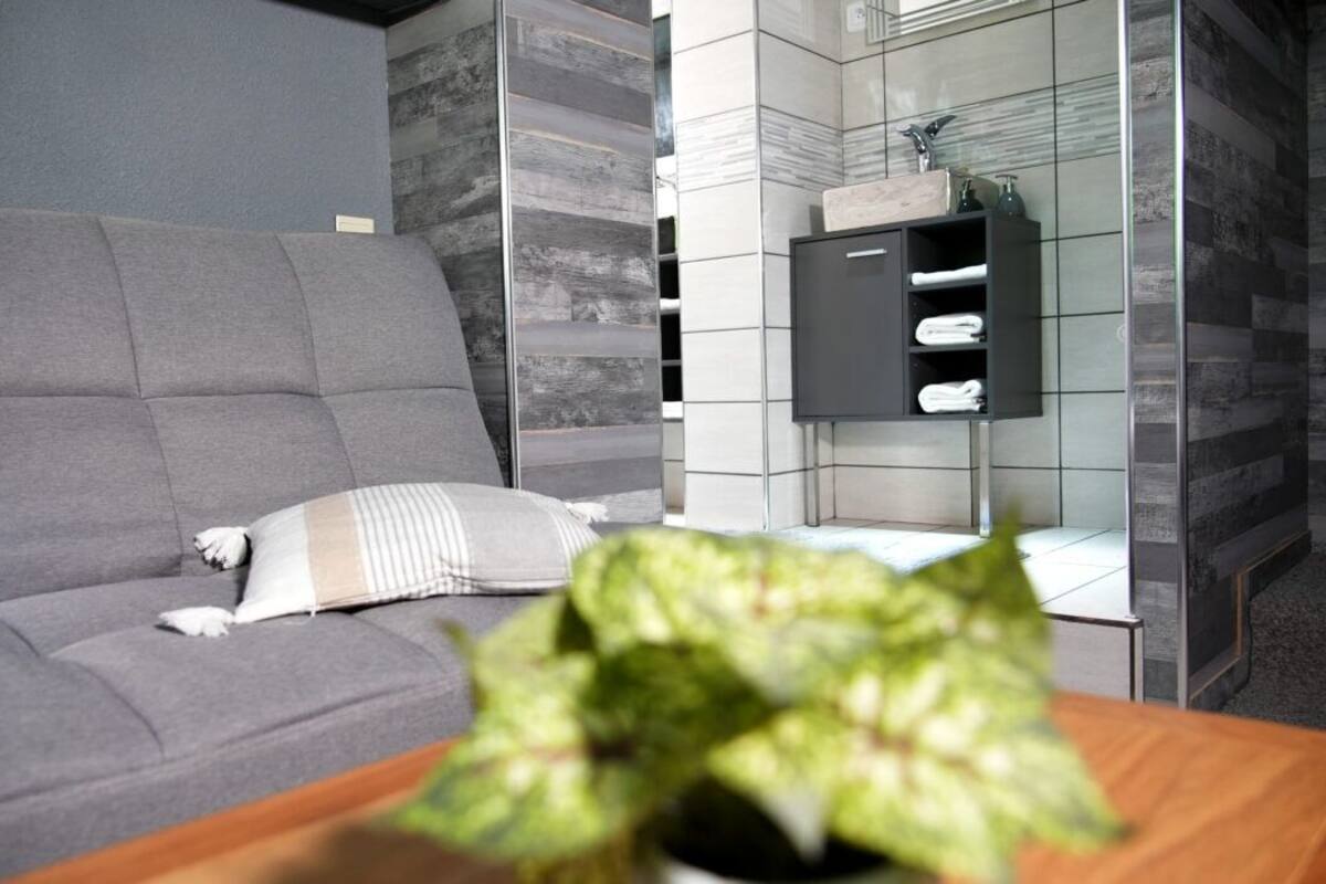 Uma sala de estar moderna com um sofá cinzento, uma mesinha com uma planta e um armário de vidro com toalhas.