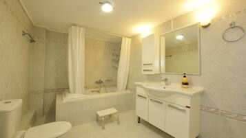 Hair dryer, towels, soap, toilet paper
