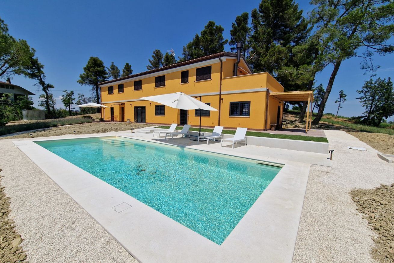 A rectangular swimming pool with clear water, surrounded by a concrete deck. There are white lounge chairs and umbrellas, and a yellow building with multiple windows in the background.