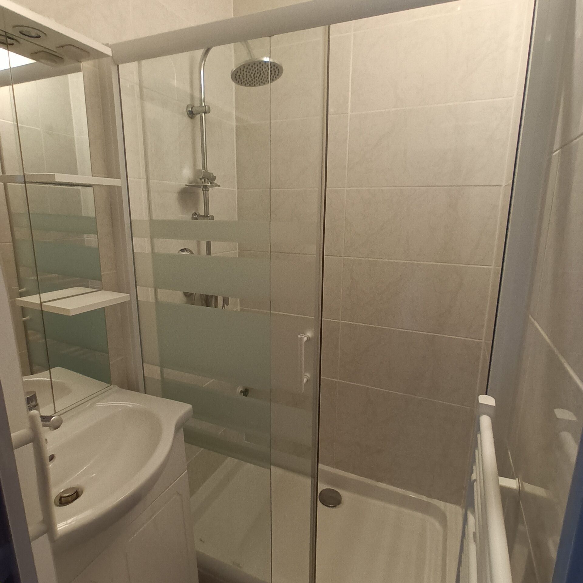 A glass-enclosed shower stall with a handheld showerhead, a glass door, and a white sink with a mirror.