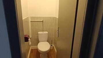 Een haardroger, handdoeken, zeep, toiletpapier
