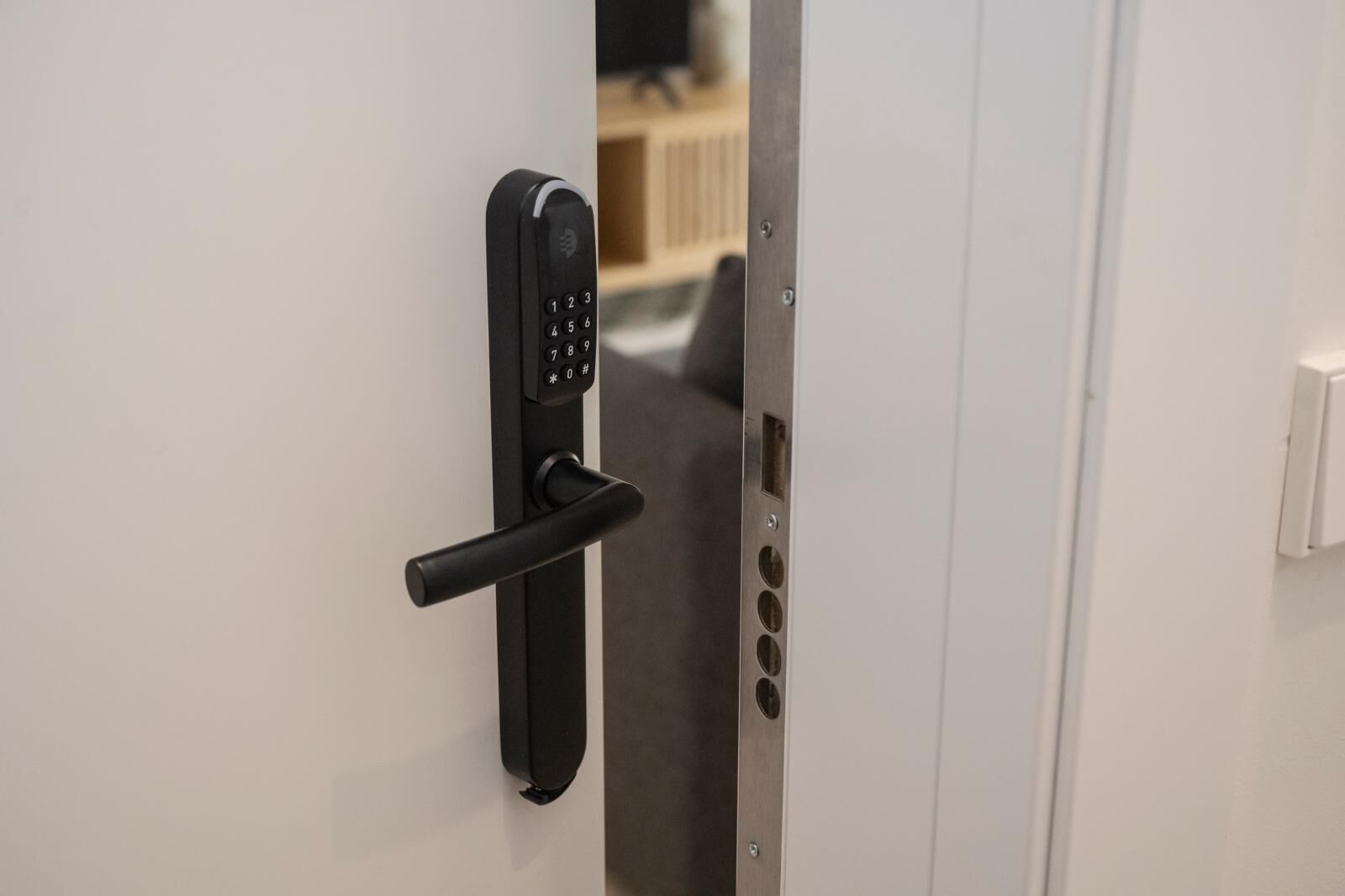 A modern door with a keypad lock and a handle.