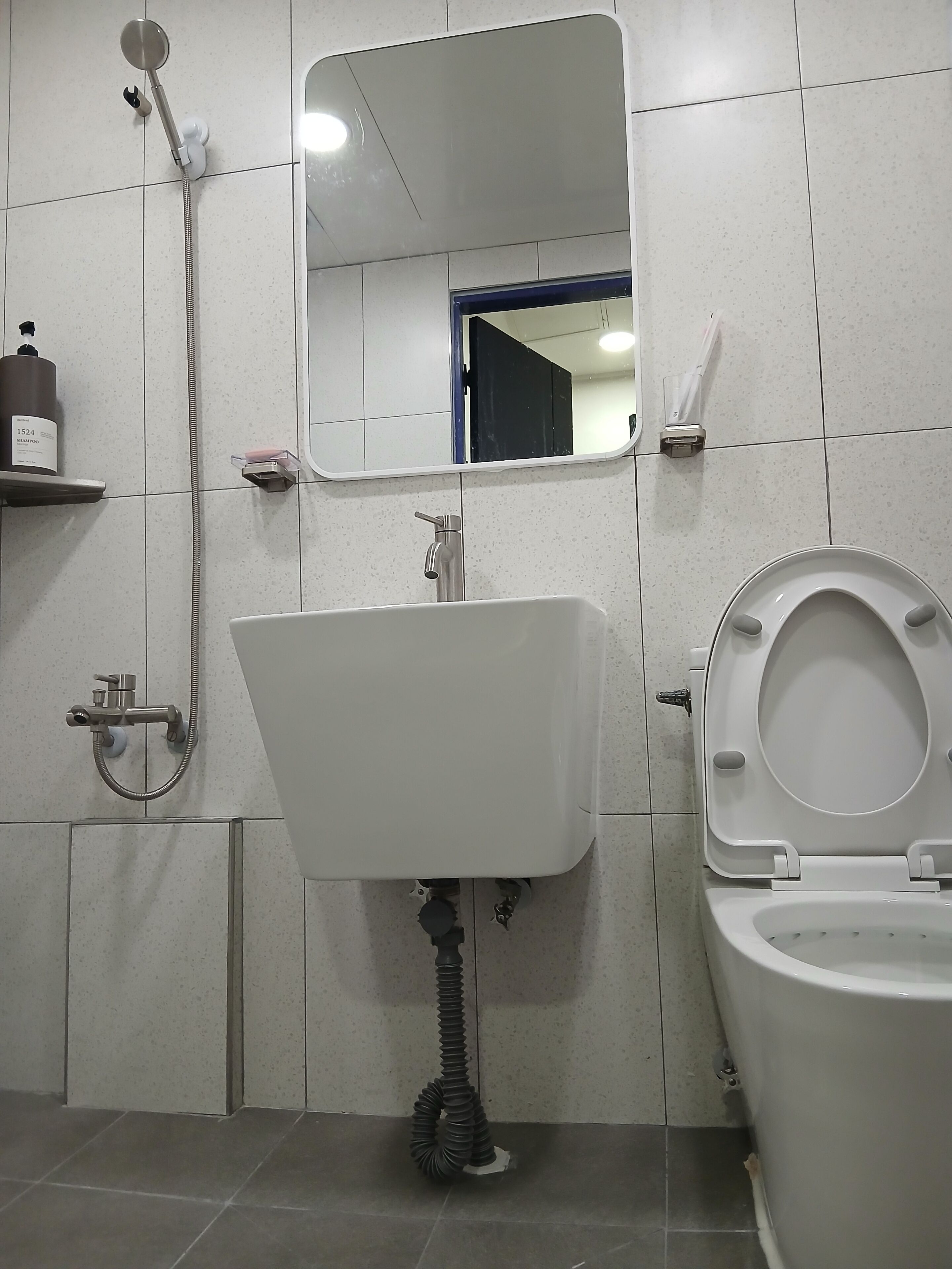 A bathroom with a sink, toilet, and a handheld showerhead.